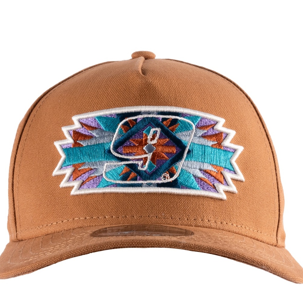 New Era Brown Trucker Hat with Teal, Purple & Orange Patch